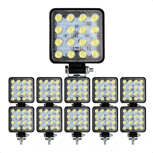 Kit 10 Farol Led Quadrado Milha 42w 16 Leds Off-road 12v/24v