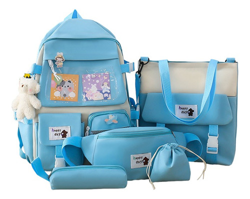 Kit De Mochila Juvenil 5 Pzs Kawaii Modelo Llavero Oso 572