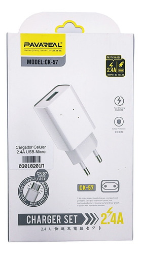 Cargador De Muro Telefono Pavareal Cable Microusb2.4a Blanco