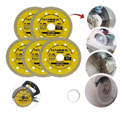 Kit 5 Disco Corte Porcelanato Diamantado Turbo 110mm Hammer Cor Amarelo