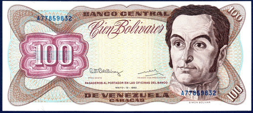 Billete De 100 Bolívares A8 Mayo 12 1992 Simón Bolívar