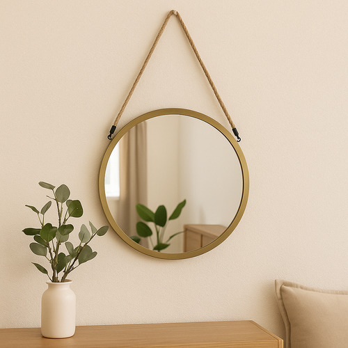 Espejo De Pared Decorativo Redondo 45cm Metalico Con Soga