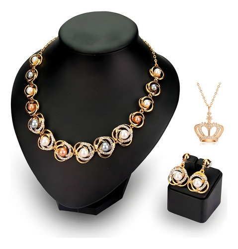 Collar Y Aretes -metal Y Cristales Tipo Perlas Mabe- Divino Color Blanco