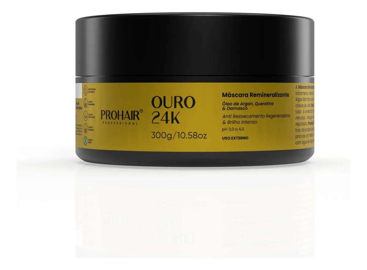 Máscara Capilar Hidratação Intensa Ouro 24k Efeito Teia Desmaia Fios Maciez imediata Tratamento Fortalecimento e Brilho Queratina Argan Anti Frizz Profissional 300g ProHair