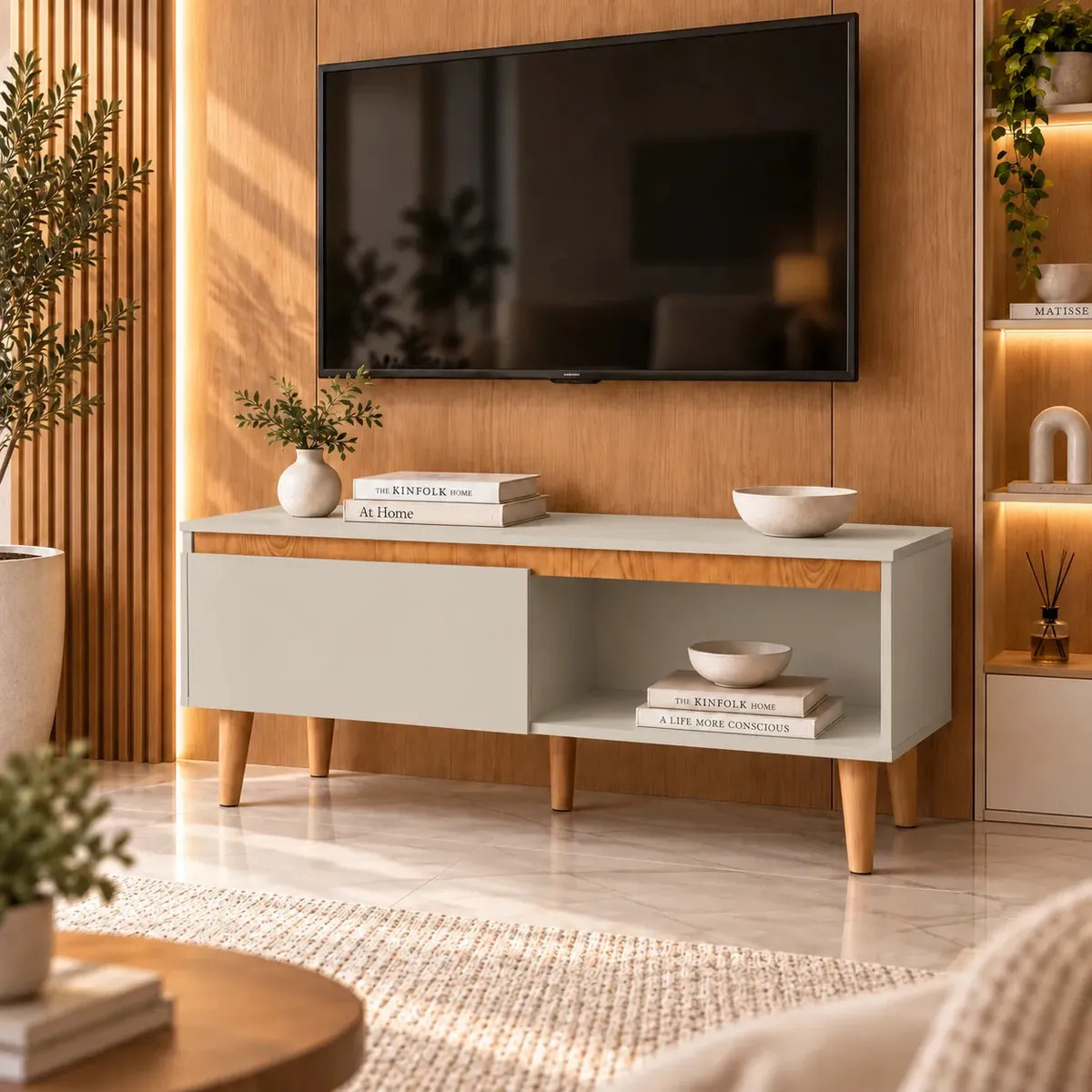 Rack Para Sala Tv Até 50" Polegadas Com Pés Porta Nicho Amadeirado Off White Multiuso Moderno