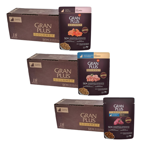 Gran Plus Gourmet Sachê Gato Ad Salmão, Frang, Ovelha 54x85g