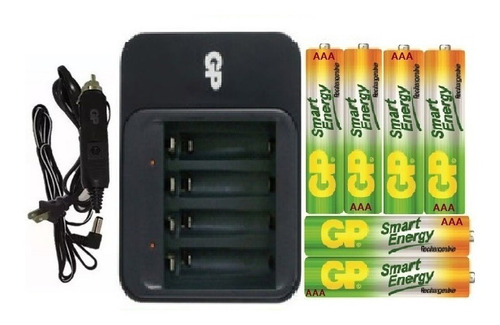 Cargador Gp Con Adaptador + 6 Baterias Pilas Recargables Aaa