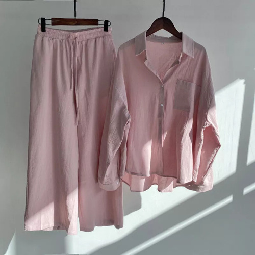 Conjunto De Camisa Y Pantalones De Algodón Y Lino Para Mujer