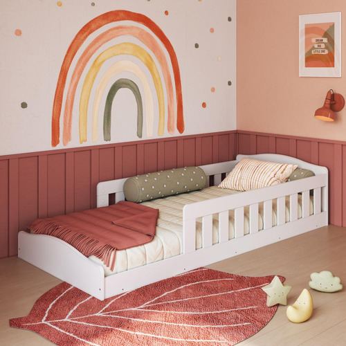 Cama Infantil Chão Montessoriana Solteiro Para Menino Menina Cor Branco