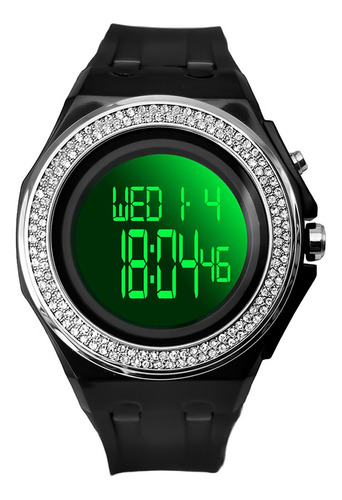 Reloj Digital Bisel Empedrado Para Dama 30mm Steiner 3atm Correa Negro Bisel Plateado Fondo Negro