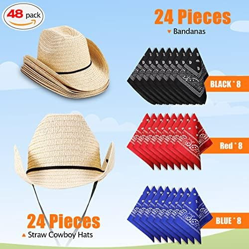 24 Juegos De Sombreros De Vaquero De Paja Con Coloridos Pañu