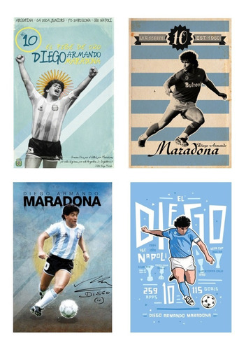 Carteles Metalicos Pack 4 Maradona Futbolistas Futbol 20x30 