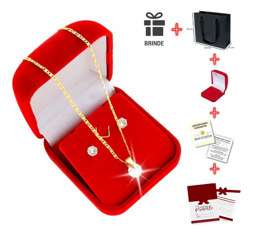 Conjunto Colar Brinco Feminino Gota Folheado + Brinde