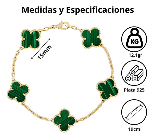 Pulsera Brazalete Plata Tipo Van Cleef Pulso Hombre Y Mujer Verde 1.5 Cm 19 Cm