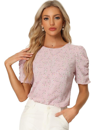 Blusa Floral Mujer Camisa Fruncida Tops Con Cuello Redondo