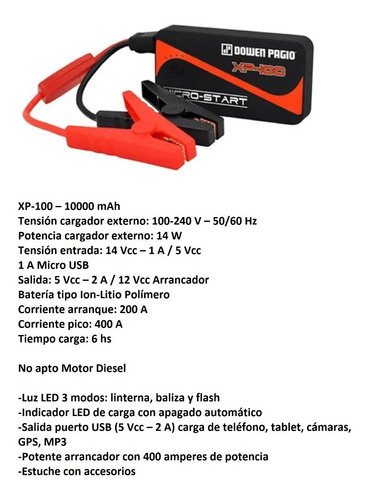 Imagen 2 de 3 de Cargador Arrancador 2 Amp 12 V Xp-100 Dowen Pagio 9991030