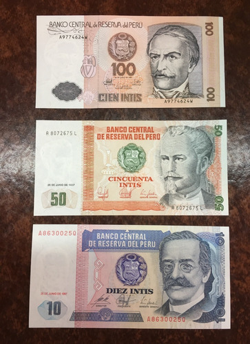Perú 3 Billetes 10 500 Y 100 Intis, Bl116