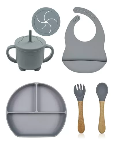 Set con vaso entrenador bebe + platos de bebe + baberos para bebe +  cubiertos I BPA FREE I 5 piezas I Silicona grado alimenticio Happy Life Kit  comida