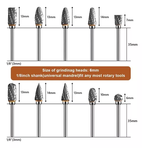 Juego de fresas rotativas de carburo de tungsteno para Dremel, 10 brocas de  carburo de doble corte con vástago de 1/8 pulgadas, accesorios de