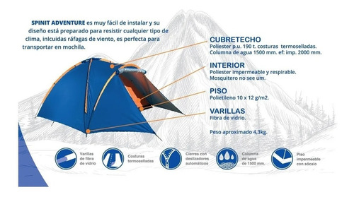 Imagen 3 de 10 de Carpa Spinit Adventure Iv 4 Personas Camping Impermeable