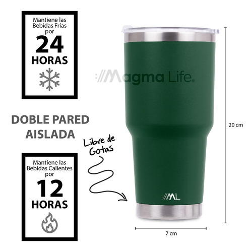 Magma Life Termo Para Café Y Agua, Botella Térmica De Acero Inoxidable 30 Oz (890 Ml): Contiene Tapa Hermética Antiderrames, Garantiza La Temperatura Deseada Sin Preocupaciones (Verde)