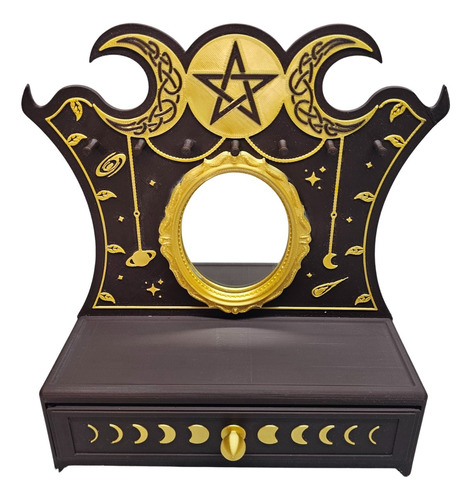 Alhajero Luna Triple Diosa Mini Mueble Exhibidor De Joyas Marrón Detalles Dorados