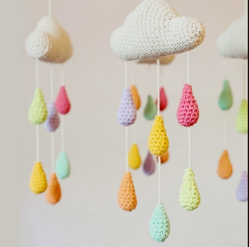 Movil Cuna Tejido Crochet Nube Con Gotitas Y Sol