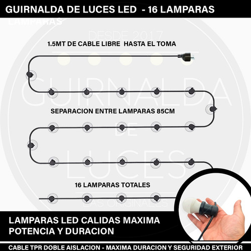 Tira Guirnalda Luces Exterior Calidas 15m + Lamparas Led