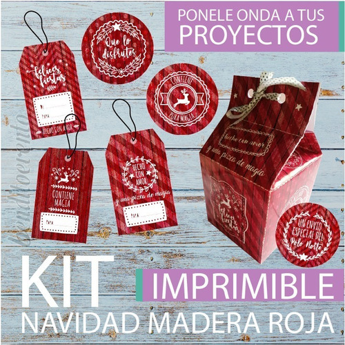 Kit Imprimible Navidad Vintage Milkbox Tags Madera Roja