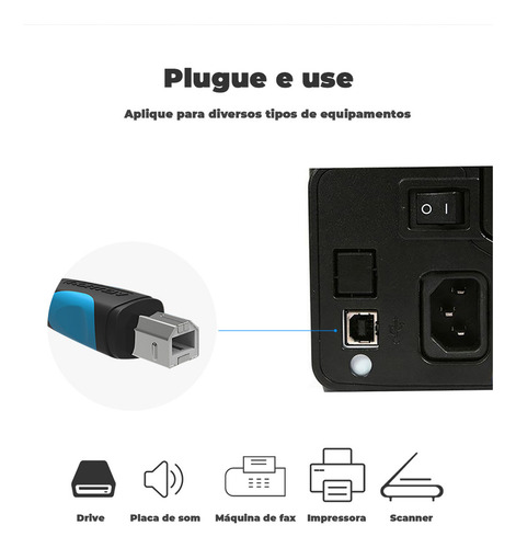 Cabo USB para impressora 2.0 Universal 1,5m Metros cabo usb tipo b cabo para multifuncional macho-macho 480mbps Plug & Play compatívem com HP Epson Canon Brother Samsung Lexmark Preto Vention