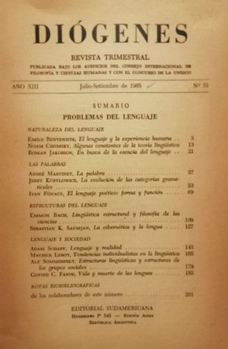 Diógenes Año Xiii N° 51 - Problemas Del Lenguaje - 1965 (Usado)