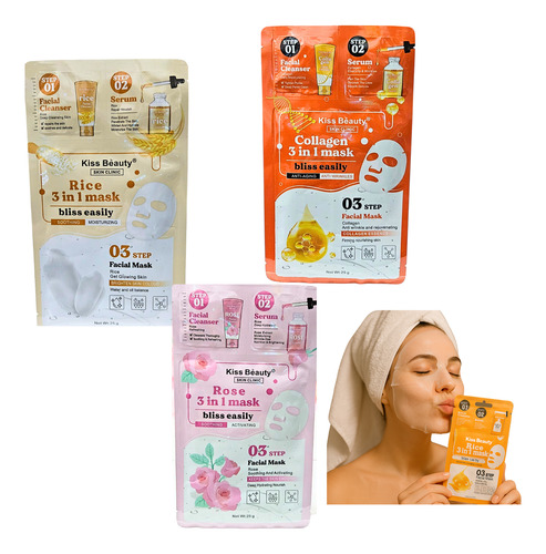 Pack 3 Mascarillas Triple Acción Arroz Colágeno Rosa Todo Tipo De Piel