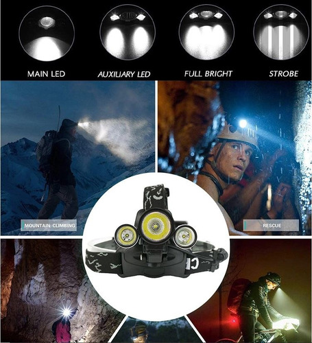 Linterna Led Minero Vincha Bateria Recar 6000lm 307b - Negra Linterna Negro Luz Blanco