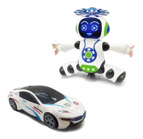 Kit Brinquedo Robo Que Dança + Carro Vira Robo Emite Som Luz