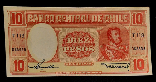 Chile Billete 10 Pesos 1947 Sc Serie T Sin Lin Seg Pick 111