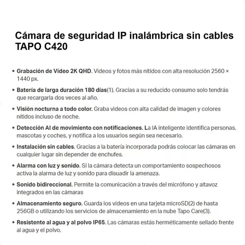 Tapo C420  Cámara inalámbrica TP-Link para exterior con visión