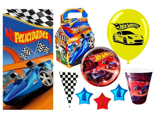 Hot Wheels Kit 30 Niños Vasos Platos Globos Lona Dulcera 