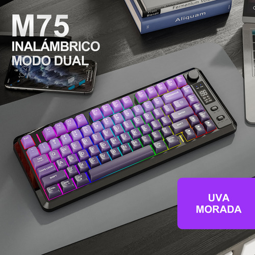 Teclado Free Wolf M75 Rgb Inalámbrico Bluetooth Con Pantalla Violeta