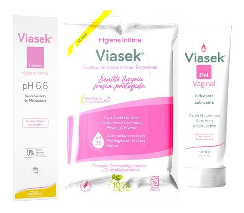 Combo Viasek Gel Vaginal + Espuma 6,8 + Toallitas De Higiene