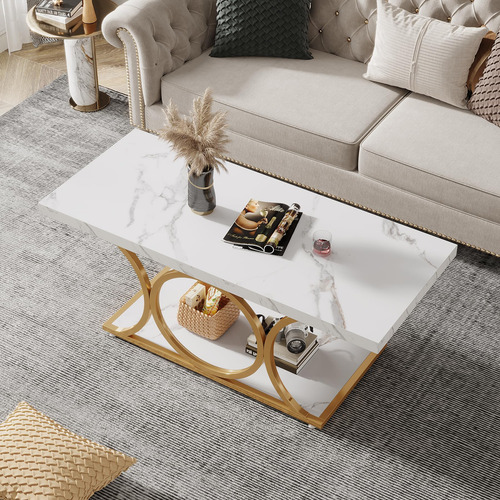 Mesa Auxiliar Rectangular 120 Cm Madera Mármol 2 Niveles