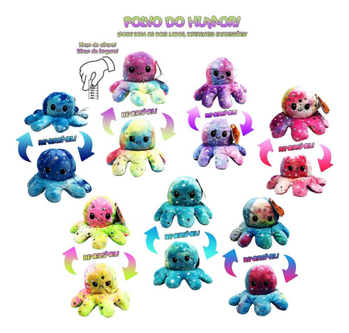 Set de 3 pulpos de peluche grandes y reversibles que cambian el estado de ánimo