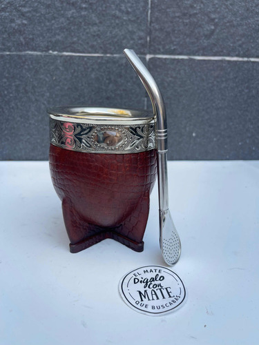 Mate Imperial Cuero Croco De Alpaca Y Calabaza Con Bombilla