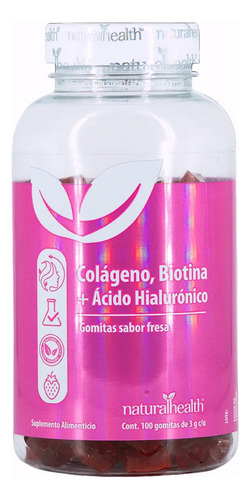 Gomitas Natural Health Fresa 100 Pzas Colágeno Biotina Fresa