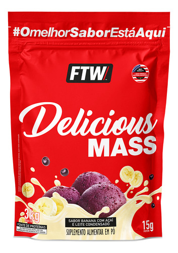 Hipercalórico Delicious Mass 3kg - Ftw Ganho Massa Muscular Sabor Banana Com Açaí E Leite Condensado