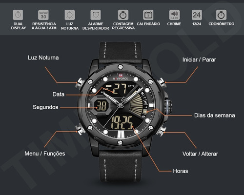 Relógio Masculino Digital Esportivo Naviforce Pulseira Couro