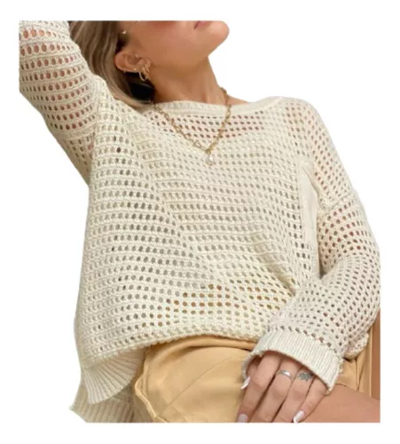 Sweater Mujer Hilo Calado Con Bolsillo Cuello Redondo