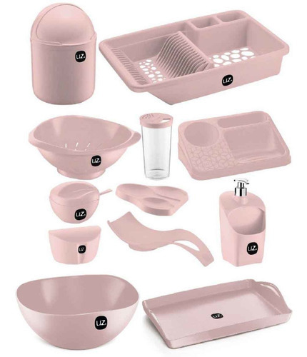 Kit 12 Pç Para Cozinha Com Lixeira E Escorredor De Louças Uz Cor Rosa