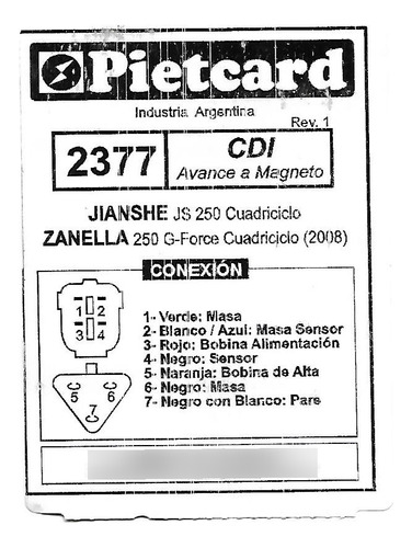 Cdi Pietcard 2377 Jianshe Js 250/zanella 250 G-force