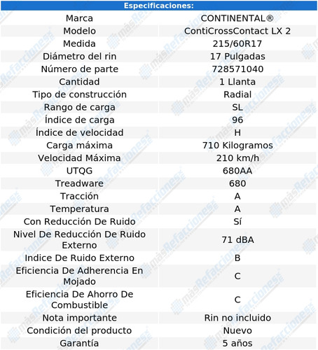 Llanta 215/60r17 96h Continental Conticrosscontact Lx 2