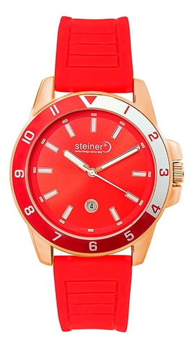 Reloj De Caballero Con Fechador Steiner 43mm Acero Inoxidabl Correa Rojo Bisel Bronce Fondo Rojo